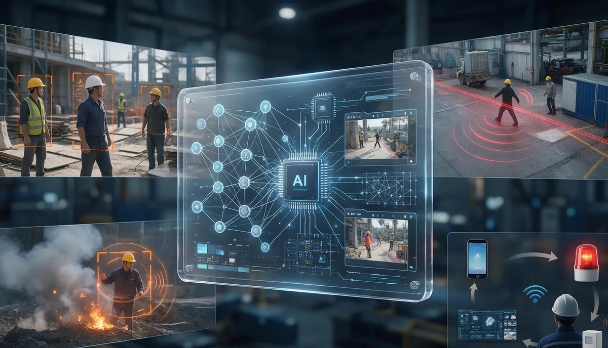 AI 安全生产管控平台：安全帽识别、区域入侵、烟火检测与告警联动示意
